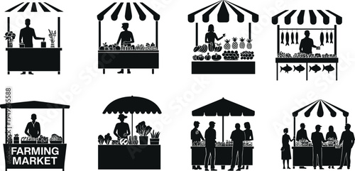 Silhouettes of diverse farming market stalls with vendors selling fruits, vegetables, fish, and goods representing local trade, agriculture, and community