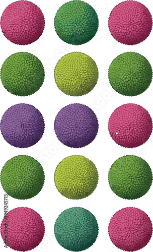 Colorful textured spheres arranged in grid pattern, showcasing abstract design, geometric art, pattern recognition, material science visualization, and modern digital simulation for stock photography.