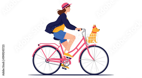 Young woman cycling happily on a pink bicycle accompanied by her cute dog in a basket.