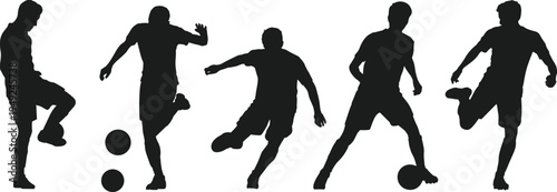 Dynamic soccer player silhouettes performing various ball control, dribbling, and kicking actions, black sports illustration showcasing athletic movement, teamwork, and football skill training design