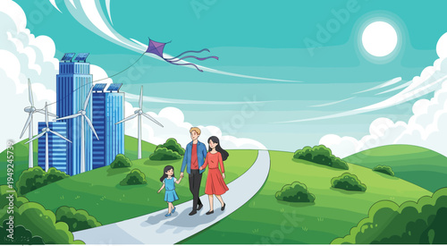 Family Walking on a Green Hilltop Path near Sustainable City, Eco-Friendly Urban Landscape with Solar Panels and Wind Turbines, Vector
