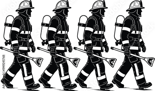 Firefighters walking in line with protective gear, helmets, breathing apparatus, and Halligan bars, symbolizing teamwork, emergency response readiness, and coordinated action in firefighting 