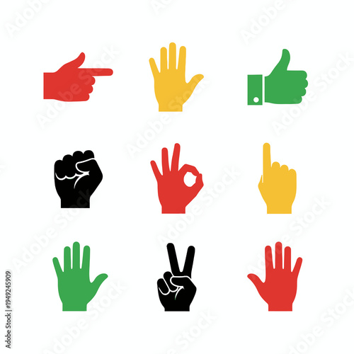 Hand gesture icon set with various signals on white background