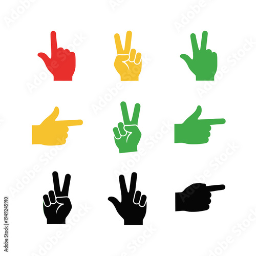 Hand Gesture Icon Set with Pointing and Victory Signs