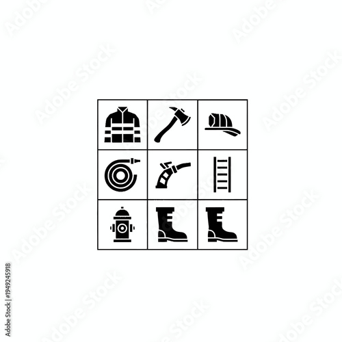 Firefighter Equipment Icon Set on White Background