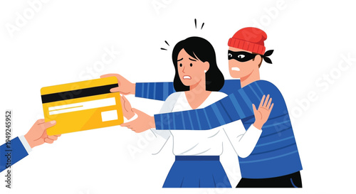 Scared woman struggles to keep her credit card away from a masked thief during robbery