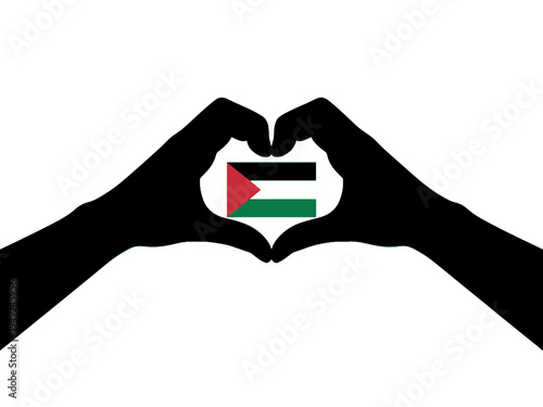Heart shape hands silhouette around Palestinian flag on white