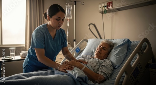 Nurse assisting elderly woman with daily routine in nursing home. Concept of caregiving aging health and Alzheimer support.