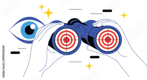Stylized illustration of focused vision and sharp targeting achieved through binoculars in a bright setting.
