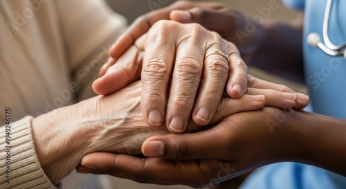 Close up hands of elderly and younger person touching gently. Concept of trust care support and intergenerational relationship.