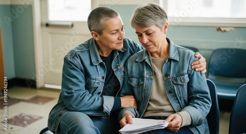 Adult daughter hugging elderly mother in hospital corridor holding medical documents. Concept of family support healthcare and emotional care.