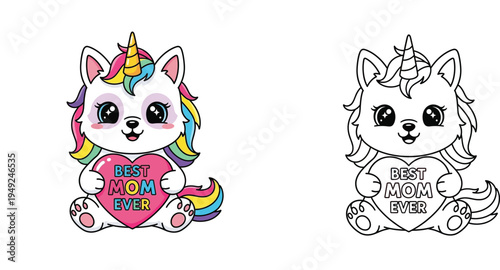 Cute Unicorn Cat Holding "Best Mom Ever" Heart for Mother's Day
