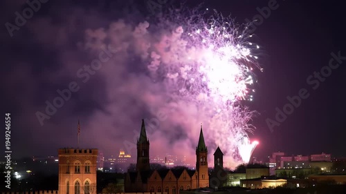 Night Sky Illuminated by Vibrant Fireworks Display Over Historic City Skyline Featuring Tall Spires and Castle Walls Under a Starless Sky
