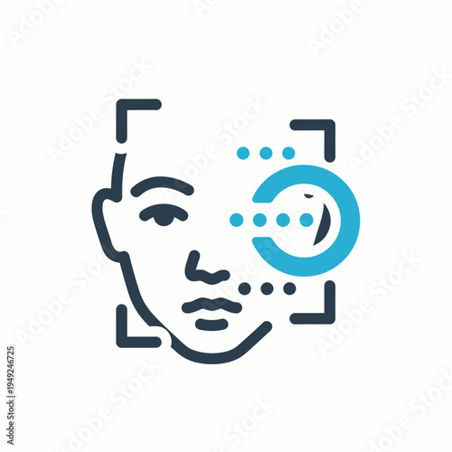 A digital graphic illustrating facial recognition technology with a human face and scanning elements. The image showcases the concept of identity verification and technological advancement