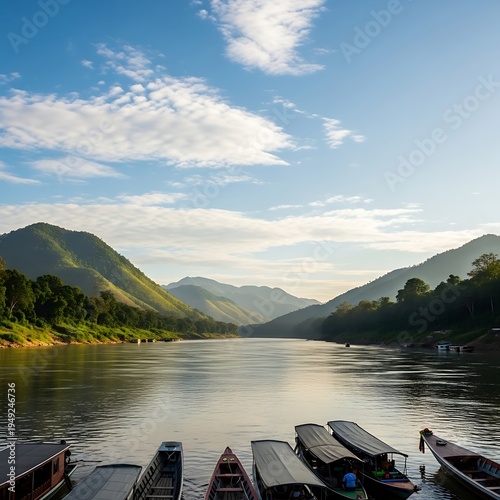 Mekong River Serenity - Boats, Mountains, and Sky in Luang Prabang.