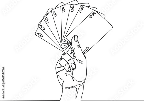 Minimalist continuous line art drawing of a hand holding fanned out playing cards, gaming concept, isolated on white background, vector