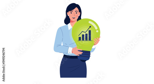 Businesswoman presents a glowing lightbulb with a growth chart symbolizing bright ideas and success.