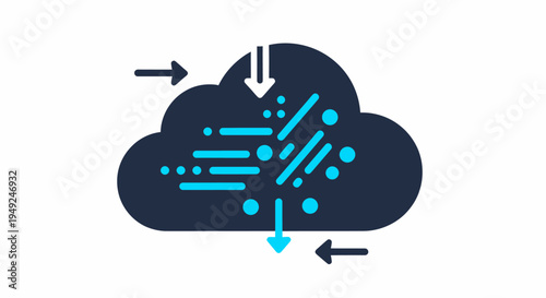 Cloud computing concept, depicted with a cloud symbol and arrows. Representing data transfer, storage, and connectivity in the digital world.