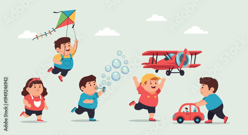 Happy children playing outdoors with various toys like a kite, bubbles, and toy vehicles, enjoying their leisure time under a clear sky.