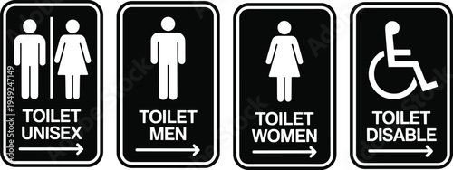 Cartoon restroom signage silhouettes with unisex, men, women, and disabled toilet icons design