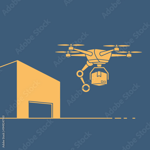 A drone carrying a package flies towards a warehouse, highlighting futuristic delivery solutions.