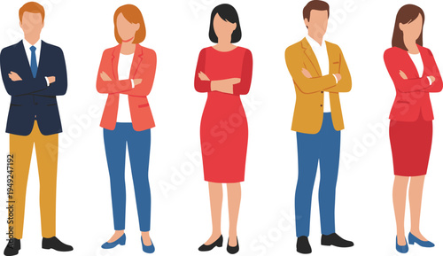 Cartoon business professionals illustration with diverse formal attire and crossed arms posture for teamwork and corporate design