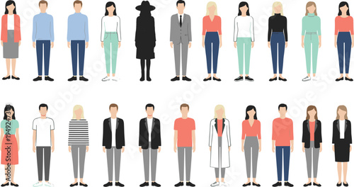 Cartoon diverse characters illustration with casual, professional, and medical outfits for identity and community design