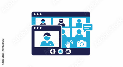 A group of people having a video conference call on screen, illustrating communication and online meeting 