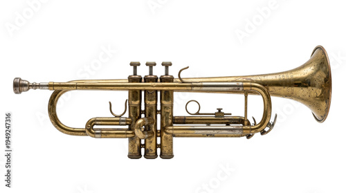 Brass trumpet musical instrument isolated as a jazz band performance element representing classic jazz sound and wind instrument culture on transparent background.