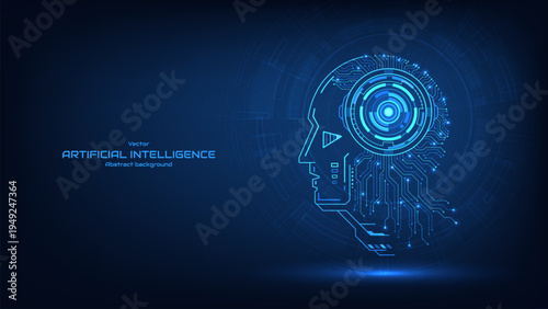 Head robot AI line circuit board technology on a dark blue background. Representing machine learning, data flow, and automation. Futuristic technology background. Vector illustration.