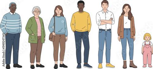 Cartoon family and community silhouettes with diverse generations including elderly adults, young adults, and child figures