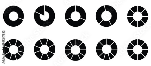 Pie chart black icon set, circle section graph and segmented round diagram, infographic wheel divided into one two three four five six seven eight nine ten parts, simple minimal vector data chart icon