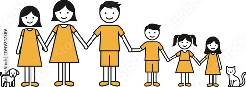 Cartoon family illustration with parents, children, dog, and cat holding hands in cheerful matching outfits