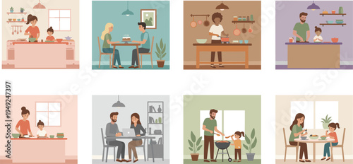 Cartoon family cooking and eating illustrations with parents and children bonding through domestic activities
