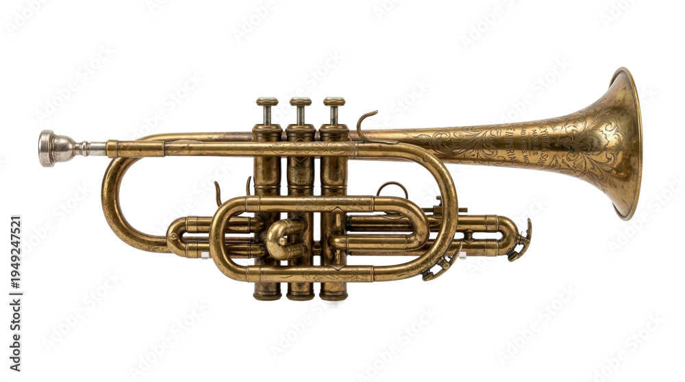 Fototapeta premium Classic brass trumpet instrument isolated as a musical equipment element used in jazz band performance and orchestral sound composition on transparent background.