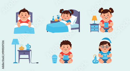 Illustrations of children in various indoor settings, including bedtime routines, reading, and quiet activities, depicting daily life.