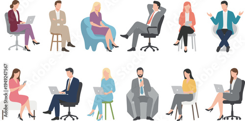 Cartoon office professionals illustration with laptops, tablets, and smartphones for modern workplace technology design