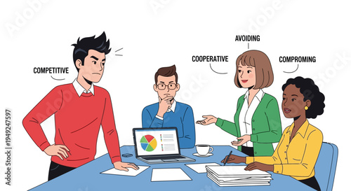 Diverse group discussing conflict resolution strategies at a meeting