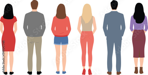 Cartoon people back view illustration with diverse clothing styles and standing poses for fashion and identity design