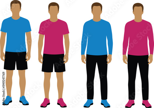 Cartoon male characters illustration with blue and pink clothing variations for fashion and style design