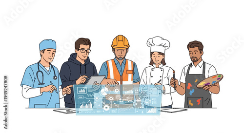 Diverse professionals from various occupations collaborating around a table with digital interface