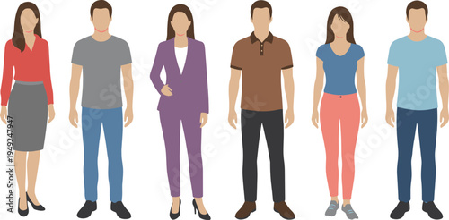 Cartoon people illustration with diverse clothing styles including casual and professional outfits for fashion and identity design