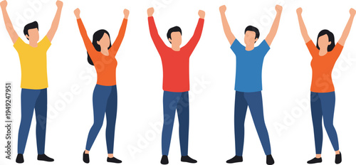 Cartoon people celebrating illustration with raised arms, casual clothing, and cheerful teamwork success design