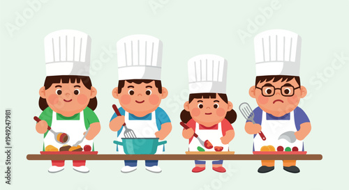 Four diverse children wearing chef hats and aprons, actively engaged in a cooking class, preparing food with various utensils and ingredients.
