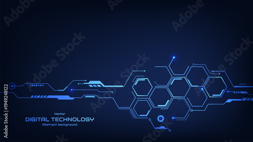 High-tech hexagon geometric connection system. Abstract circuit board technology processing business background. Innovation future tech medical and healthcare. Vector illustration.