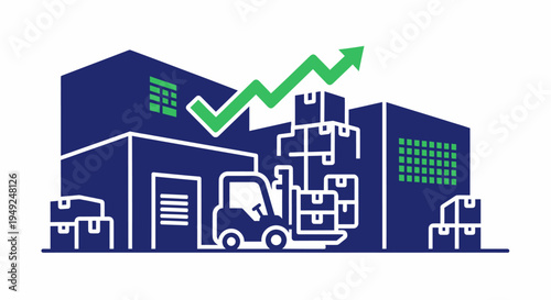 Warehouse with a forklift carrying boxes, and an upward-trending arrow, representing growth and development. The scene depicts a busy warehouse environment, where goods are being moved