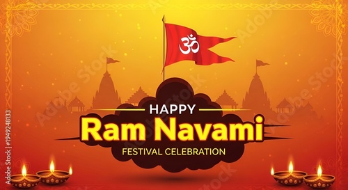 Happy Ram Navami Indian traditional festival background with flag