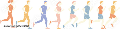 Cartoon people running illustration with diverse outfits and athletic motion for fitness and sports design