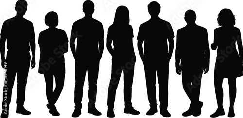 Cartoon people silhouettes collection with diverse standing poses, casual and semi‑formal clothing styles design