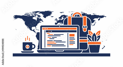 A digital nomad's workspace with a laptop, mug, backpack, and plant, featuring a world map background